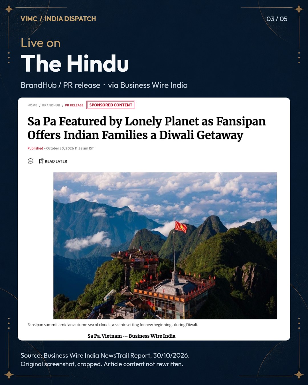 Original screenshot of the Sun World Fansipan Legend release on The Hindu, retaining the BrandHub PR release and Sponsored Content labels.